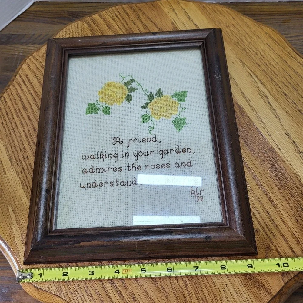 VTG Wood Framed Cross Stitch Needlepoint Friend Walking Garden Picture Roses